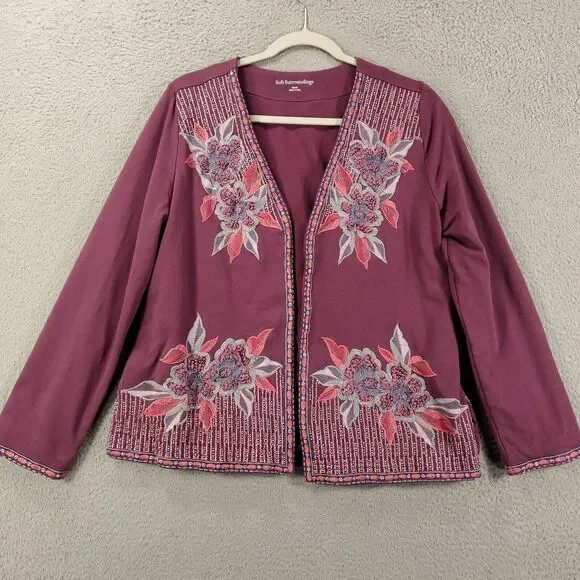 Soft Surroundings Cardigan Jacket Womens Small Purple Blazer Embroidered Flowers - Picture 6 of 13